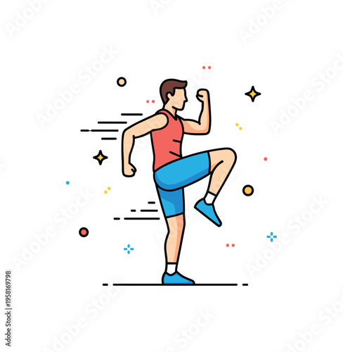 High knees exercise featuring an athlete lifting one knee sharply upward with dynamic arm movement, expressing energy, cardio intensity and athletic focus. The