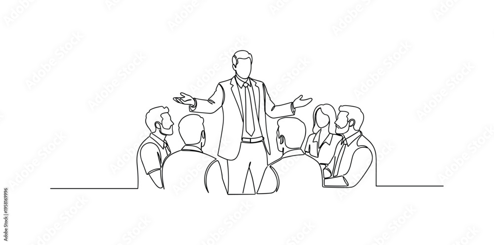 Fototapeta premium Leading Campaign Discussion. Minimalistic one-line drawing manager gesturing to team during marketing discussion, continuous single black line on white