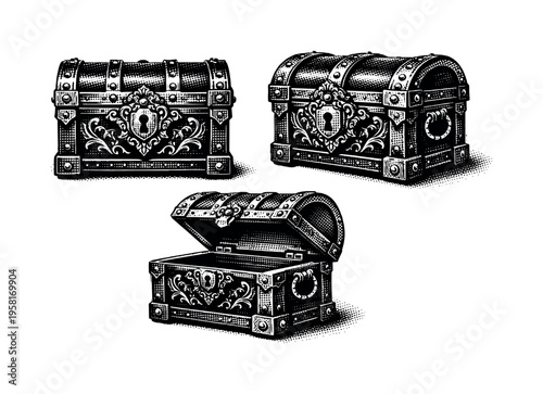 Ornate treasure chest. An ornate treasure chest represented as a single object in three viewpoints emphasizing carved details, reinforced corners, and balanced