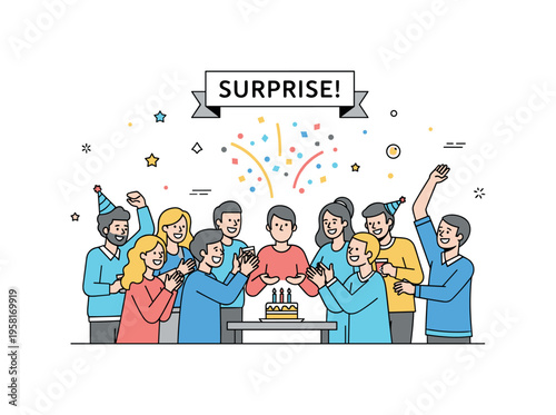 Surprise party celebration with a joyful group of friends gathered around a person in the center while colorful confetti bursts and a small cake with candles