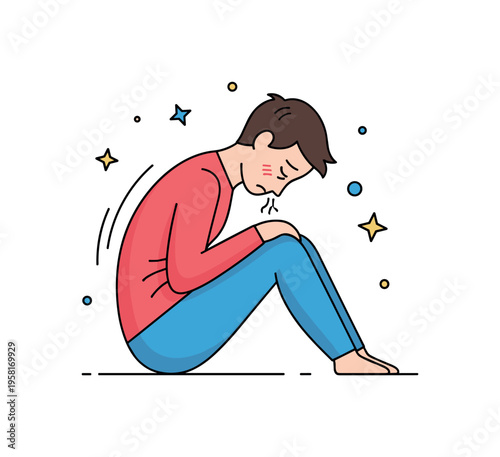 Tired body language figure sitting with curved back and head tilted down showing visible signs of fatigue and low energy. The composition reflects everyday