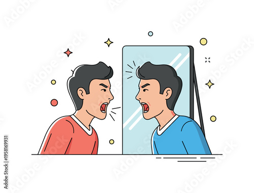 Self confrontation moment a frustrated person shouting at their own reflection in a mirror while the reflected face mirrors the same emotion, capturing the