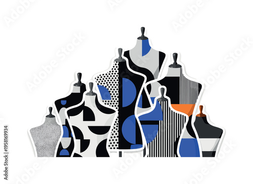 mannequins with mixed patterns and fabrics abstract semicircles lines and geometric blocks symbolizing eclectic designer collection black and white retro