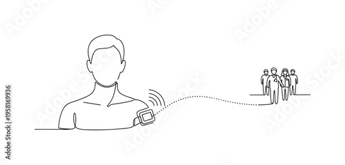 Telehealth Monitoring. Minimalistic one-line drawing patient wearing wearable health device transmitting data to remote medical team, continuous single black