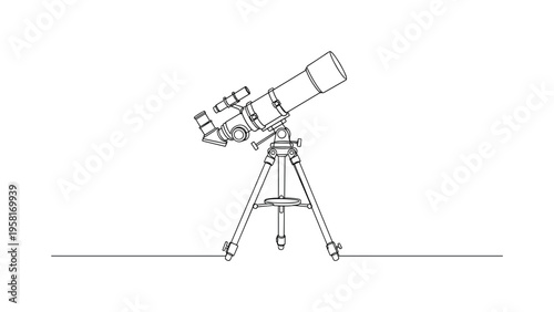 Portable Stargazing Telescope. Minimalistic one-line drawing compact telescope on small tripod designed for amateur stargazing, continuous single black line on