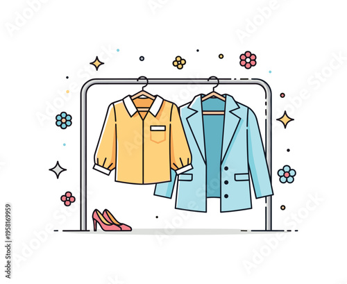 Spring fashion lightweight wardrobe airy blouse and light jacket hanging on a simple clothing rack with small flower icons and gentle sparkle accents