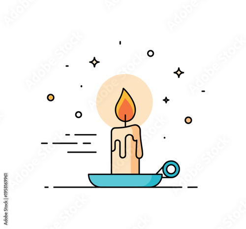 Candle flame flickering softly on a small holder with gentle motion lines and subtle glow around it, creating a cozy, warm, and calming ambiance. Minimalist