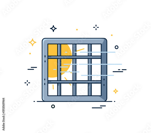 Prison bars window view showing a small barred window with faint sunlight passing between the metal rods. The symbolic scene expresses limitation, solitude,