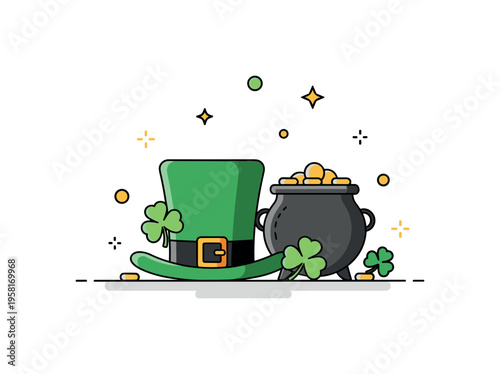 St Patrick?s Day celebration moment a leprechaun hat resting beside a pot of gold and scattered shamrocks while small festive sparkles hint at lively holiday