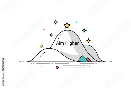 Abstract success mound visualized as a clean geometric hill shape with a small star placed at the peak. A gentle ?Aim Higher? text detail conveys ambition,