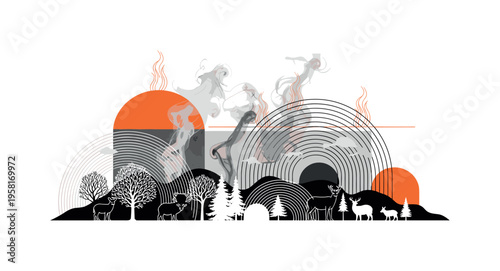 forest and wildlife with abstract smoke and heat lines abstract semicircles lines and geometric blocks symbolizing environmental stress black and white retro