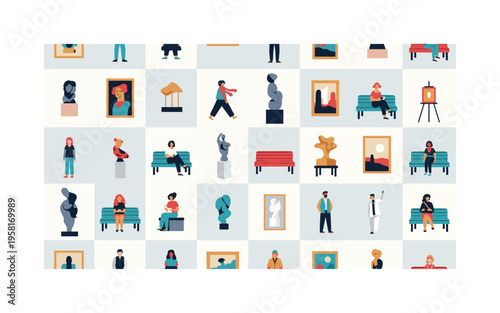 Creative art museum space with paintings, sculptures, benches and viewers forming playful grid, seamless pattern, repeating pattern, surface design, textile