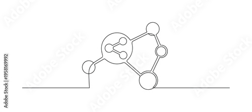 Social Shares Measurement. Minimalistic one-line drawing connected nodes with share icon showing social media content sharing KPI, continuous single black line