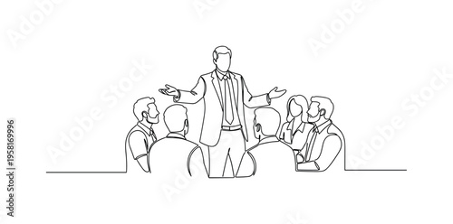 Leading Campaign Discussion. Minimalistic one-line drawing manager gesturing to team during marketing discussion, continuous single black line on white