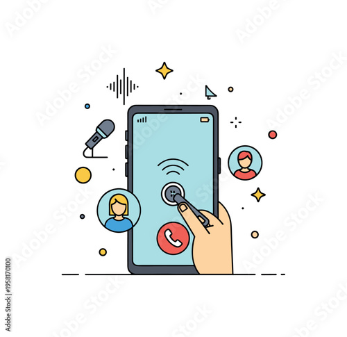 Voice call interface illustration with a smartphone displaying a hands-free call, tiny floating icons of sound waves, microphone, and user avatars suggesting