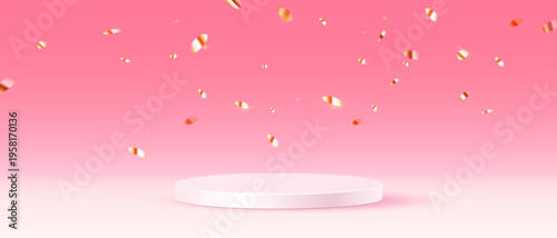 Circular pedestal with a pink gradient background and festive golden confetti. The composition is lively and ideal for celebratory or promotional designs.