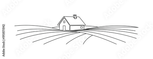 Countryside Landscape. Minimalistic one-line drawing rural countryside landscape with a small house and rolling fields, continuous single black line on white