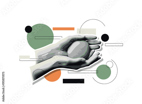 human hands gently holding smooth meditation stone abstract geometric circles lines and blocks floating around symbolizing mindful attention black and white
