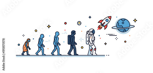 Space age evolution human silhouette progression ending with an astronaut standing beside a small rocket and distant planet. Concept illustrating the journey
