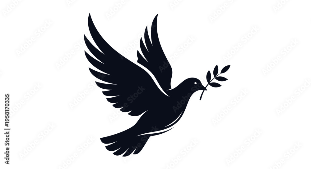 Fototapeta premium Black dove holding olive branch peace.