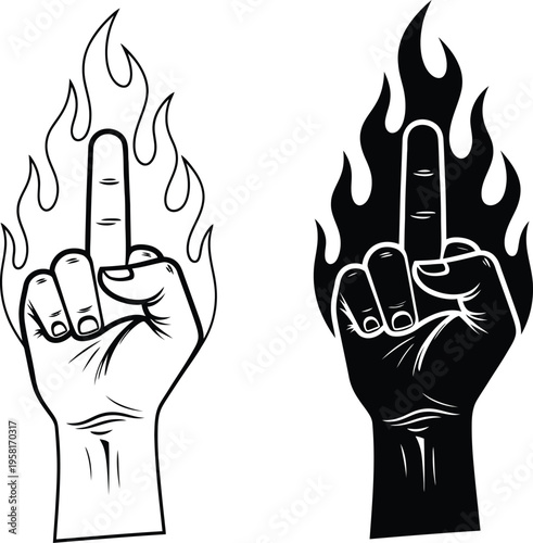 Flaming middle fingers gesture in black and white