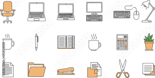 Collection of office supplies and equipment icons for a modern workspace