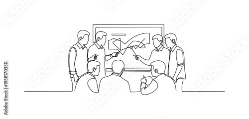Creative Collaboration. Minimalistic one-line drawing team gathered around a digital board or screen sharing ideas, continuous single black line on white