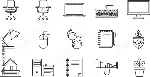 Collection of office and home office icons in a clean line art style