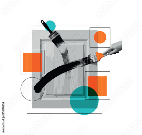 black-and-white wooden cabinet door being refinished with a brush stroke across the surface, geometric blocks and circles symbolizing restoration stages,