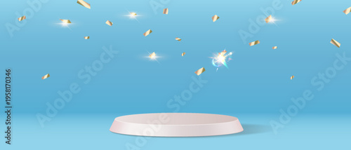 Minimalistic 3D platform with golden confetti reflecting light on a smooth blue background. Perfect for product displays or celebratory themes.