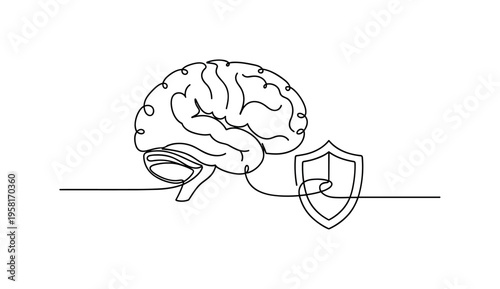 Brain and Immune System. Minimalistic one-line drawing brain with small connected shield symbolizing impact of neural health on immunity, continuous single