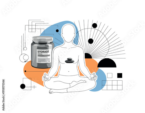 substance in container with label, geometric lines circles and abstract blocks representing storage and categorization, black and white retro realistic