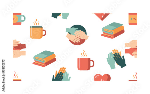 emotional support objects like warm tea blankets hearts and gentle hands illustrated as comforting icons, flat vector rounded shapes, rich modern palette with