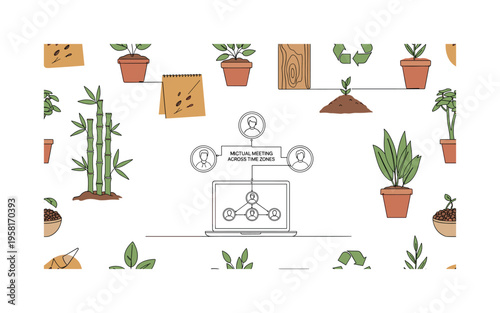 environmental inspiration seamless pattern, ecological design materials, bamboo, wood textures, recycled paper, potted plants, seed planting and sustainability