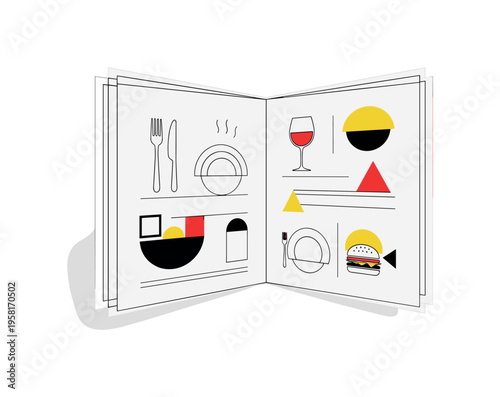 open menu booklet with simple dish icons abstract semicircles lines and geometric blocks symbolizing dining options black and white retro menu booklet object