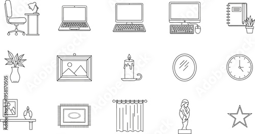 Collection of line art icons representing home decor and office essentials