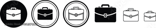 Set of professional briefcase icons in various styles including solid black line art flat design and circular business portfolio symbols