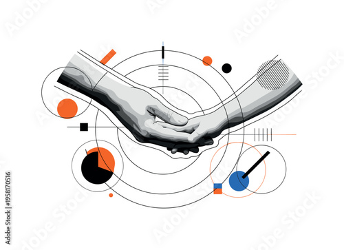 human hand guiding child in yoga pose abstract circles lines and geometric shapes representing mentorship and balance black and white retro hand and human