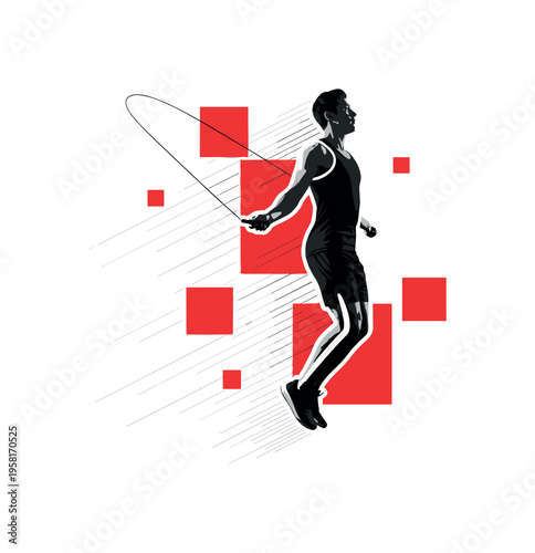 Black and white athlete jumping rope, placed slightly off-center, surrounded by floating red square accents and thin diagonal motion lines, crisp white contour
