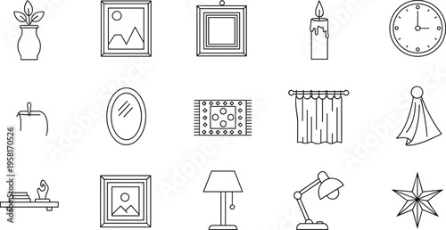 Collection of line art icons representing home decor and interior design elements
