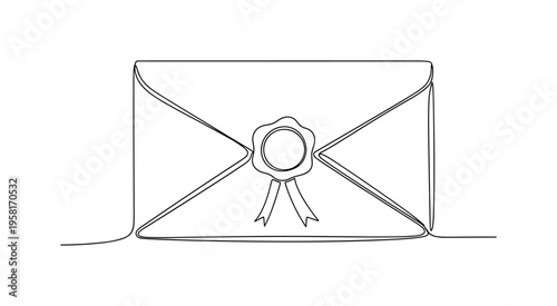 Traditional Wax Seal. Minimalistic one-line drawing envelope with classic wax seal and simple ribbon for formal correspondence, continuous single black line on