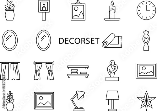 Collection of line art icons representing home decor and interior design elements
