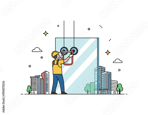 Glass facade installation worker positioning a large architectural glass panel with suction lifters while tiny building icons suggest modern office facade