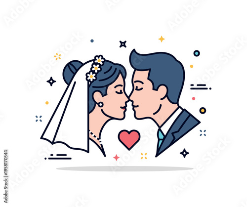 Wedding kiss silhouette concept centered on bride and groom profiles leaning toward each other with a subtle heart icon between them. The scene communicates