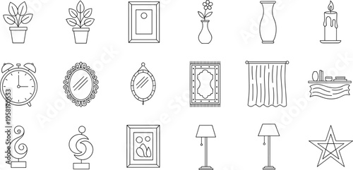 Collection of line art icons representing home decor and furnishings