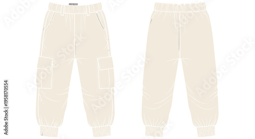 Technical fashion sketch of beige cargo joggers featuring elastic cuffs and utility pockets for streetwear apparel design and manufacturing vector