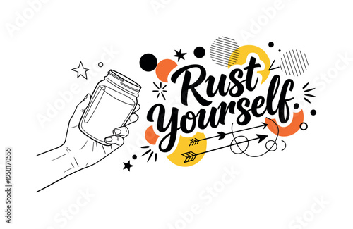 human hand displaying jar at angle abstract circles lines and geometric shapes representing marketing mockup black and white retro hand and jar with white