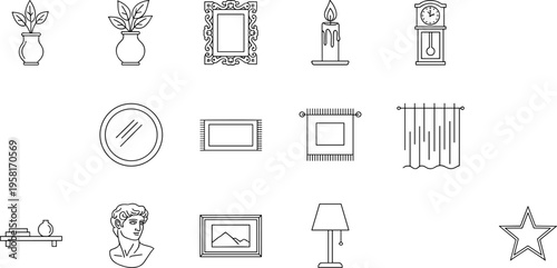 Collection of line art icons representing home decor and interior design elements