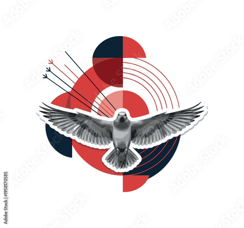 retro collage of a flying bird with wings fully spread representing avian species, monochrome realistic bird with white outline cut-out effect, intersecting