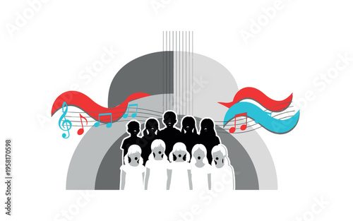 retro style collage of several children's silhouettes singing together in choir formation, black and white cut-out figures layered with geometric semicircles
